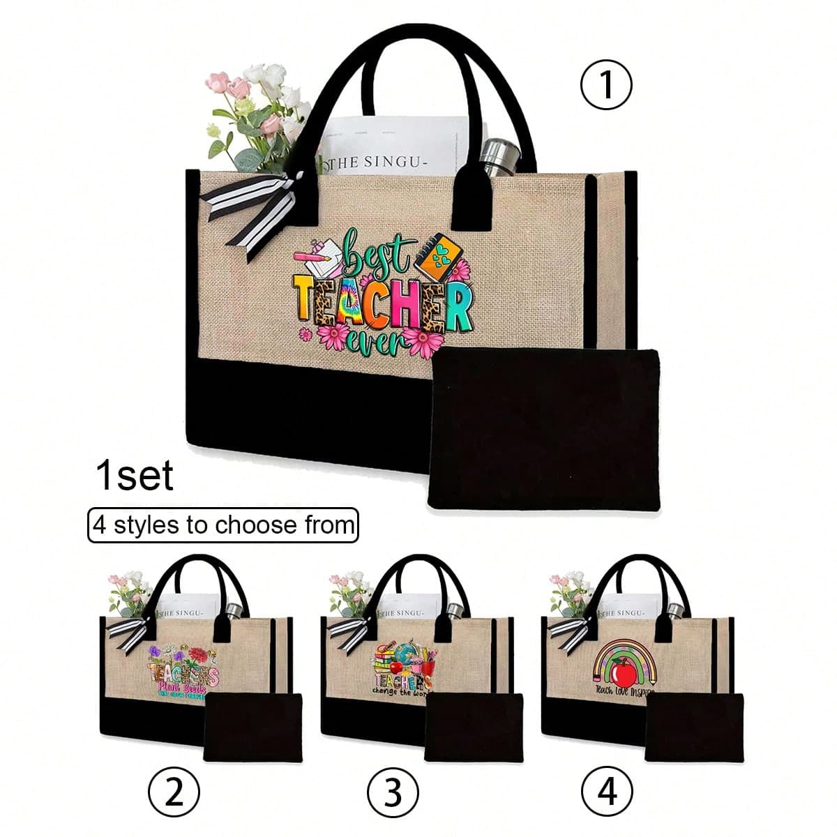 Ensemble de 2 sacs à main imprimés arc-en-ciel, léopard, marguerite, pomme et abeille avec trousse de maquillage, cadeau de remerciement pour les
